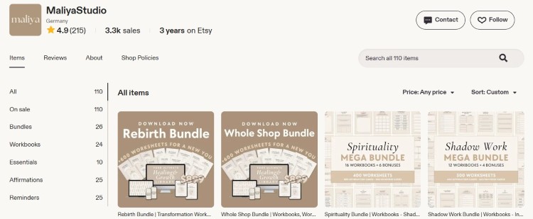 Etsy storefront displaying workbook bundles and templates for selling digital items on Etsy