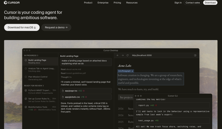 Cursor AI software homepage showing productivity and development tools used by new business owners building modern businesses