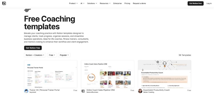 Notion marketplace offering templates to use coaching workflows more efficiently