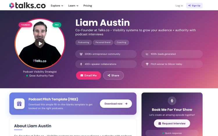 Podcast guest profile highlighting experience, achievements, and a valuable expertise-driven brand