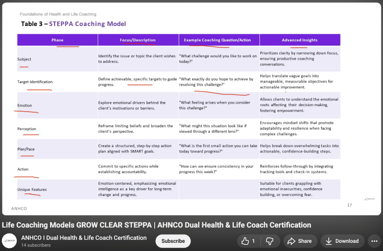 STEPPA framework table comparing stages used across various coaching methodologies