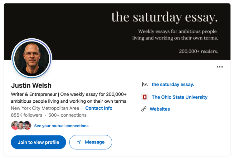 LinkedIn profile of a writer building an audience through a weekly essay newsletter