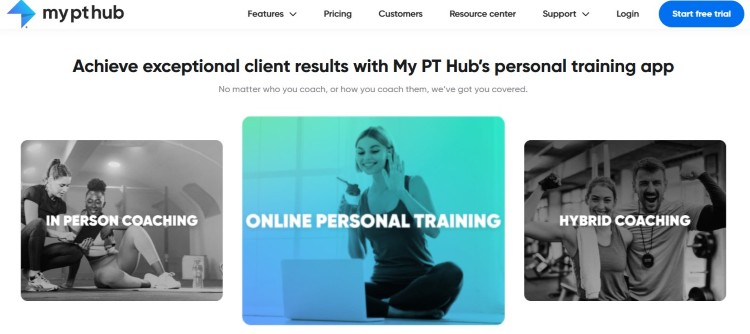 Screenshot of My PT Hub showing tools for managing an online health coaching practice with in-person, online, and hybrid coaching.