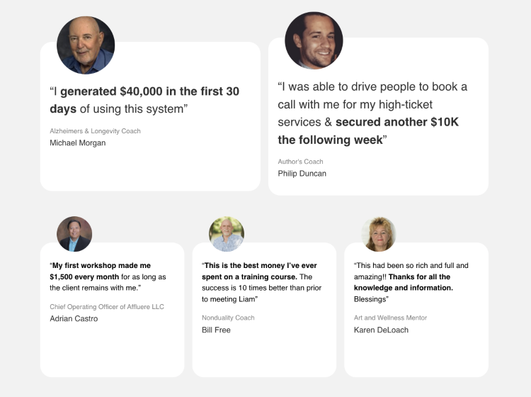 Testimonials from business owners highlighting coaching results and business growth.