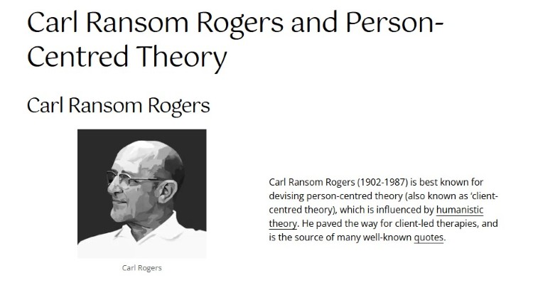 Illustration of Carl Rogers alongside an overview of his person-centered theory.