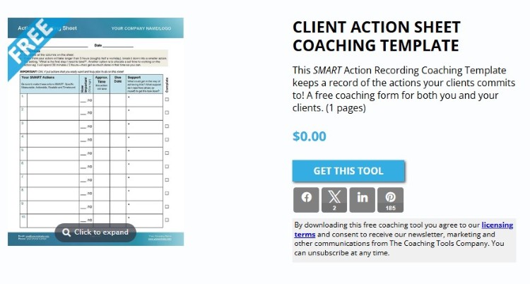Free coaching action plan template for tracking client goals, action steps, and accountability.