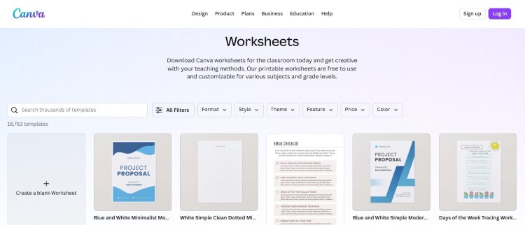 Canva worksheet template gallery that can help creators create a digital product such as planners, worksheets, and guides.