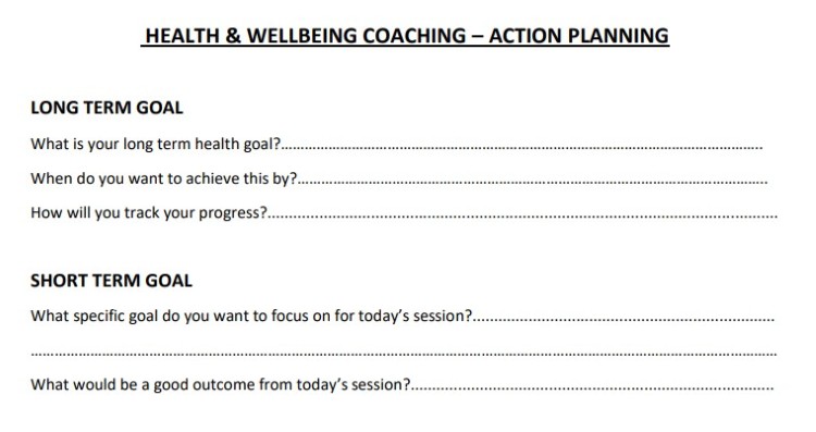 Health coaching action planning worksheet with long-term and short-term goal sections.