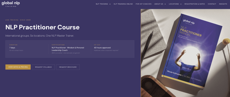 Information page for an NLP coach training course with certification details and course materials.