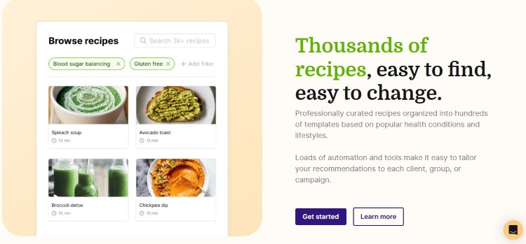 Screenshot of a recipe management platform for a nutritionist with searchable meal plans and recipe templates.