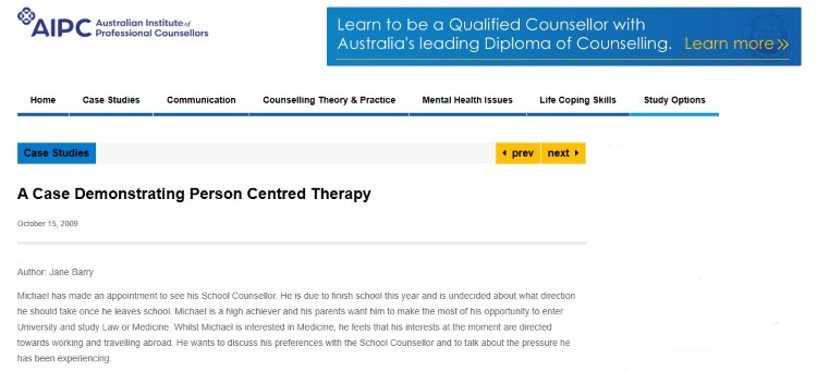 Screenshot of a case study explaining person-centered therapy in a counseling setting.