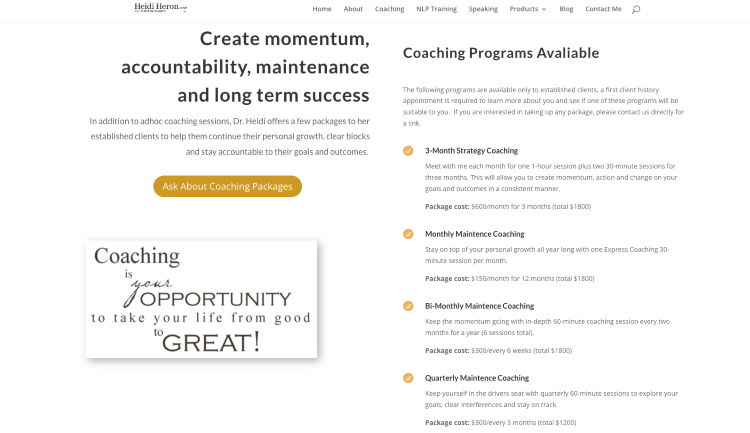 Coaching packages focused on long-term accountability and personal transformation.