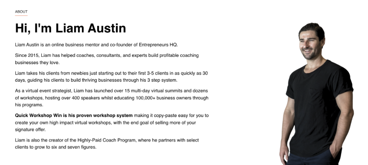 Personal website About page featuring a powerful personal brand statement describing expertise and client outcomes.