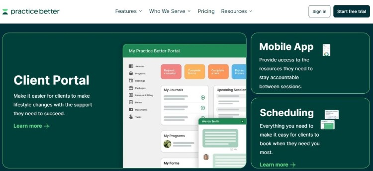 Screenshot of Practice Better featuring a client portal with scheduling tools to schedule appointments.