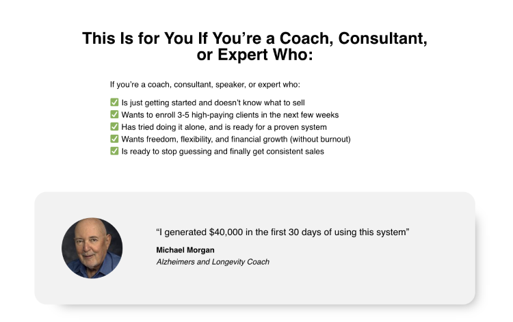 Coaching program testimonial describing $40,000 generated in 30 days and success as an entrepreneur.