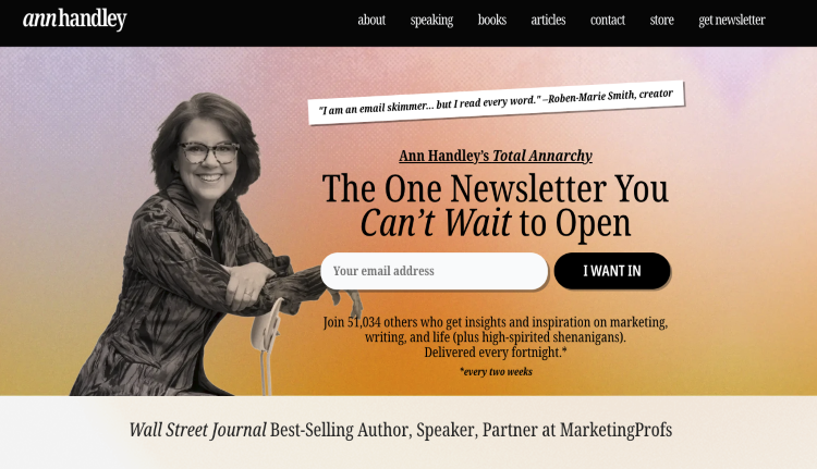 Personal website and newsletter homepage demonstrating a successful personal brand through consistent messaging and positioning.