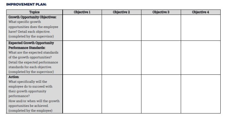 Employee improvement plan designed to help employees define growth objectives and action steps.