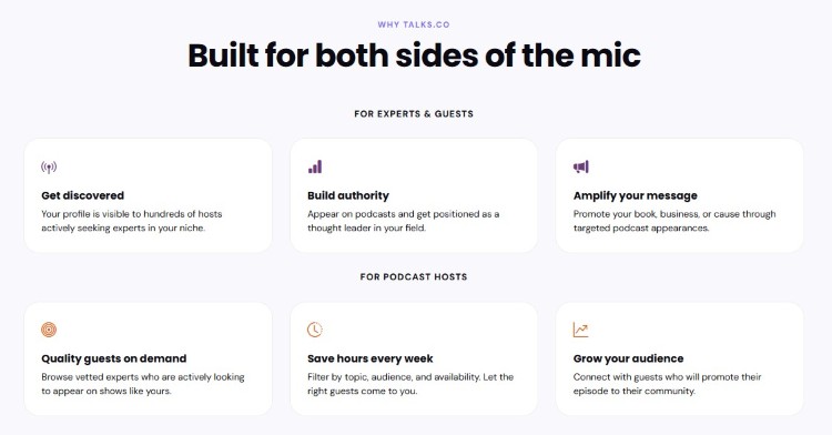 Diagram explaining how Talks supports experts and podcast hosts with an efficient workflow for visibility and guest matching.
