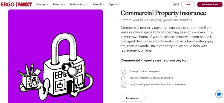 Commercial property insurance page explaining protection for a coaching business that owns or leases equipment or workspace.