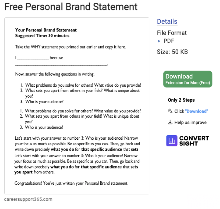 Free personal branding worksheet with prompts for defining your value, audience, and what sets you apart