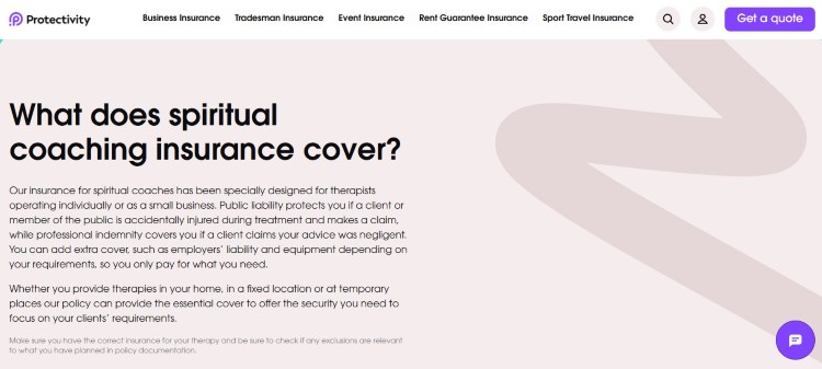 Spiritual coaching insurance page explaining how insurance provides protection against professional and public liability claims.