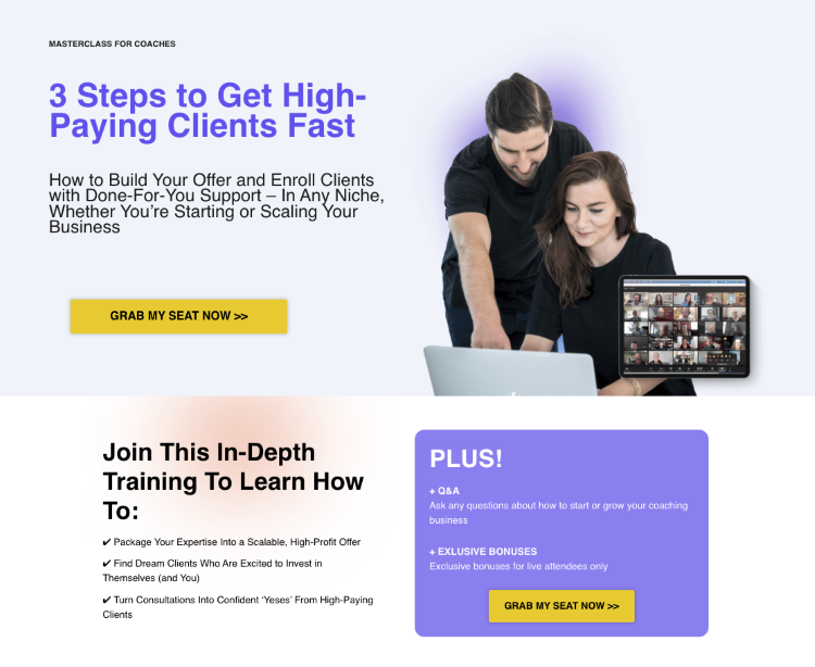 Coaching masterclass featuring strategies to help coaches build offers and attract high-paying clients