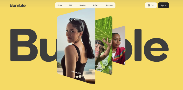 Bumble homepage representing women entrepreneurs paving the way for new approaches to online dating and technology.