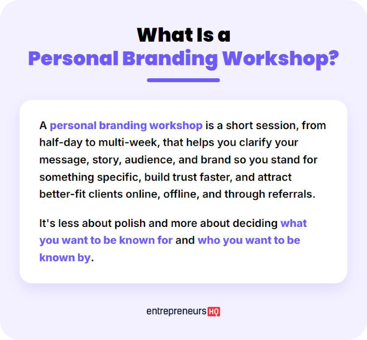 Infographic defining personal branding training as a workshop for clarifying your message, story, audience, and brand
