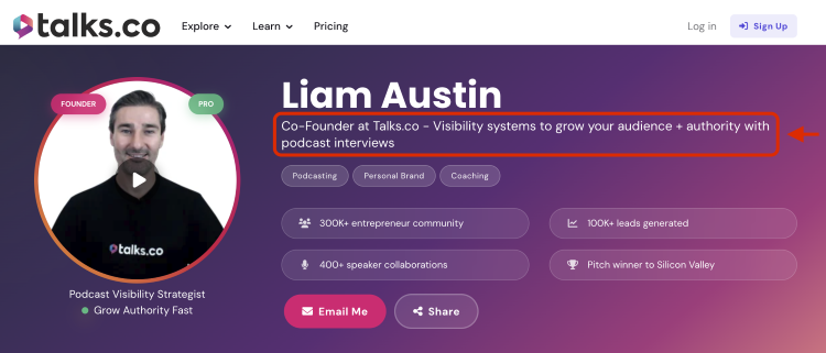 Talks.co profile showing how to succinctly communicate expertise, audience value, and professional positioning