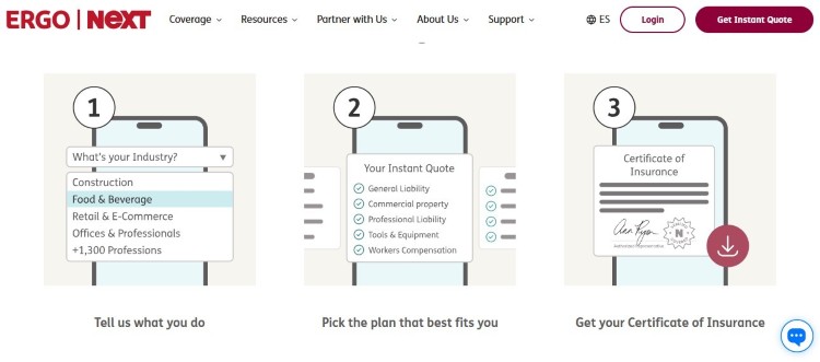 Quote process displaying different types of liability insurance, including general liability, professional liability, and workers compensation.