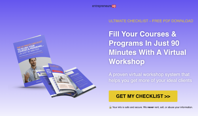 Virtual workshop checklist designed to expand your reach and attract ideal clients to courses and programs