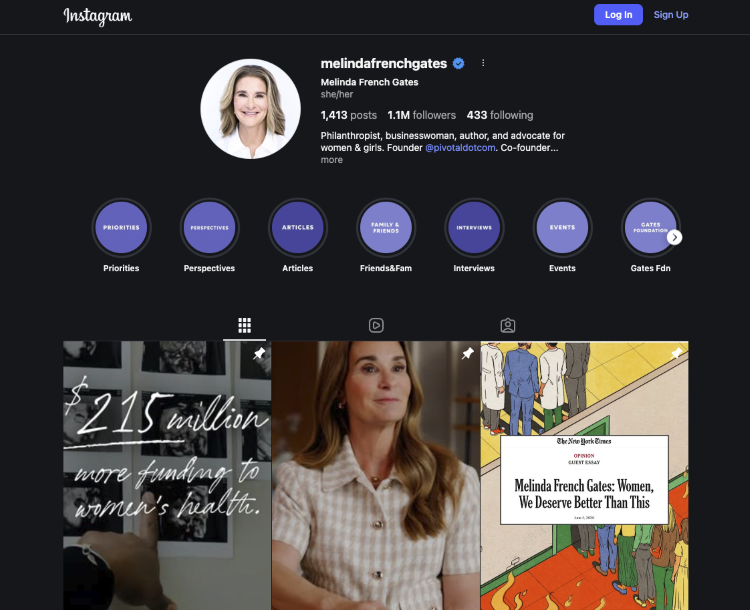 Melinda French Gates' Instagram profile highlighting her work in women’s empowerment through philanthropy and advocacy.